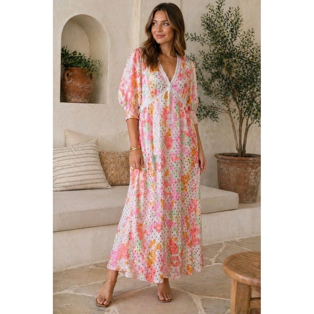 Never Fully Dressed Floral Maxi Dress in Pink, Orange, Yellow and White